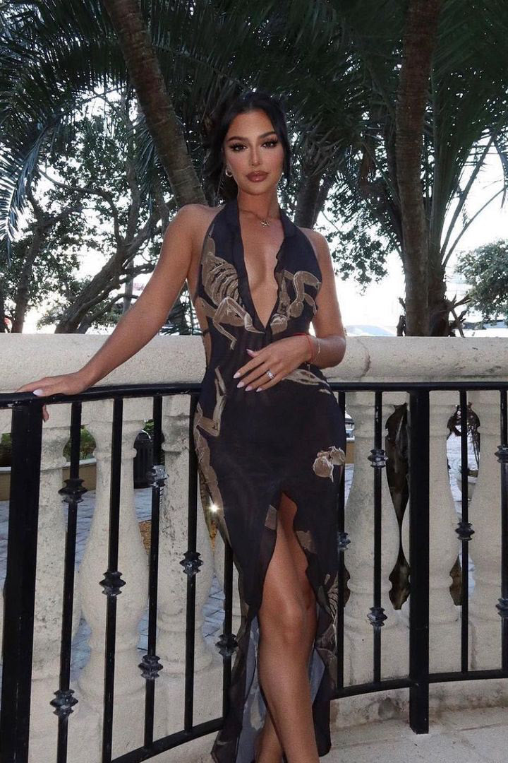 Valantomode | Stunning Black Scorpion Print Ruffle Maxi Dress