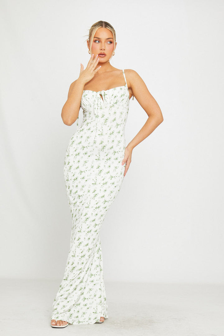 Valantomode | Elegant Green Floral Maxi Dress with Shoulder Ties