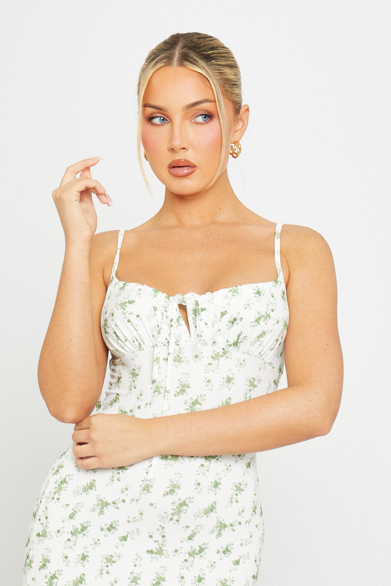 Valantomode | Elegant Green Floral Maxi Dress with Shoulder Ties