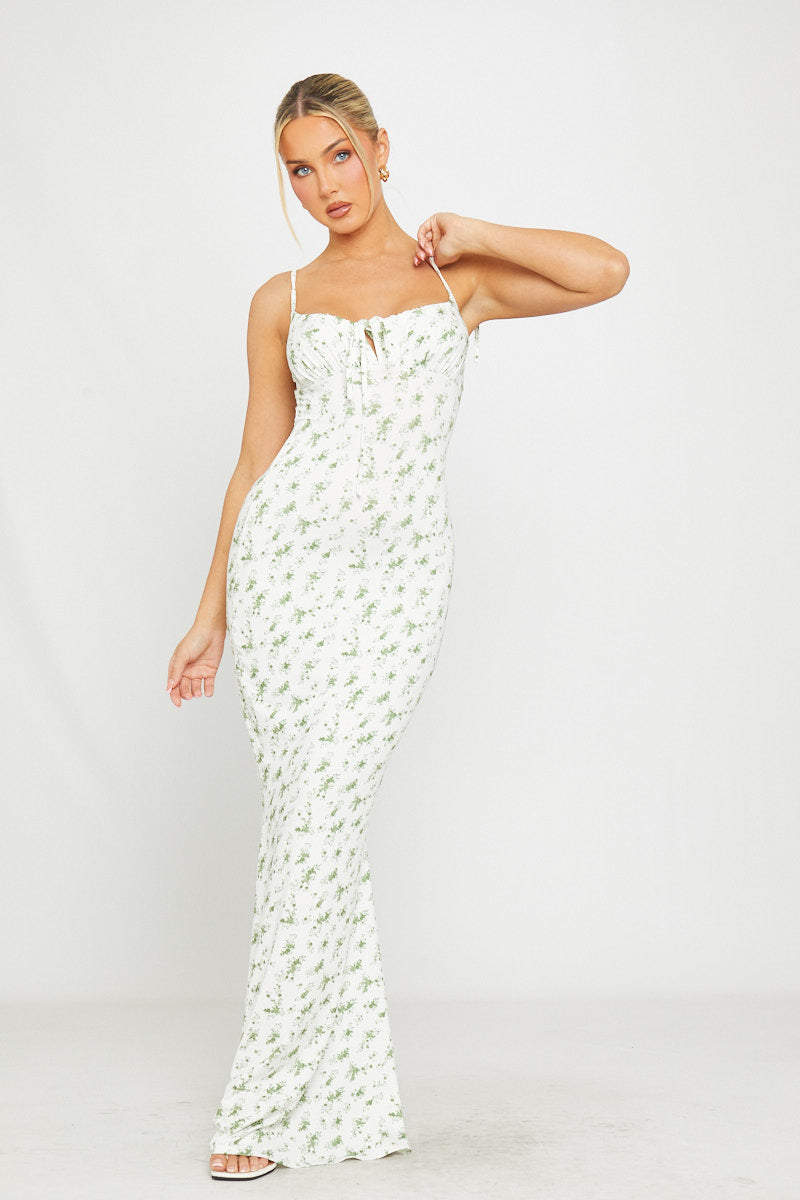 Valantomode | Elegant Green Floral Maxi Dress with Shoulder Ties