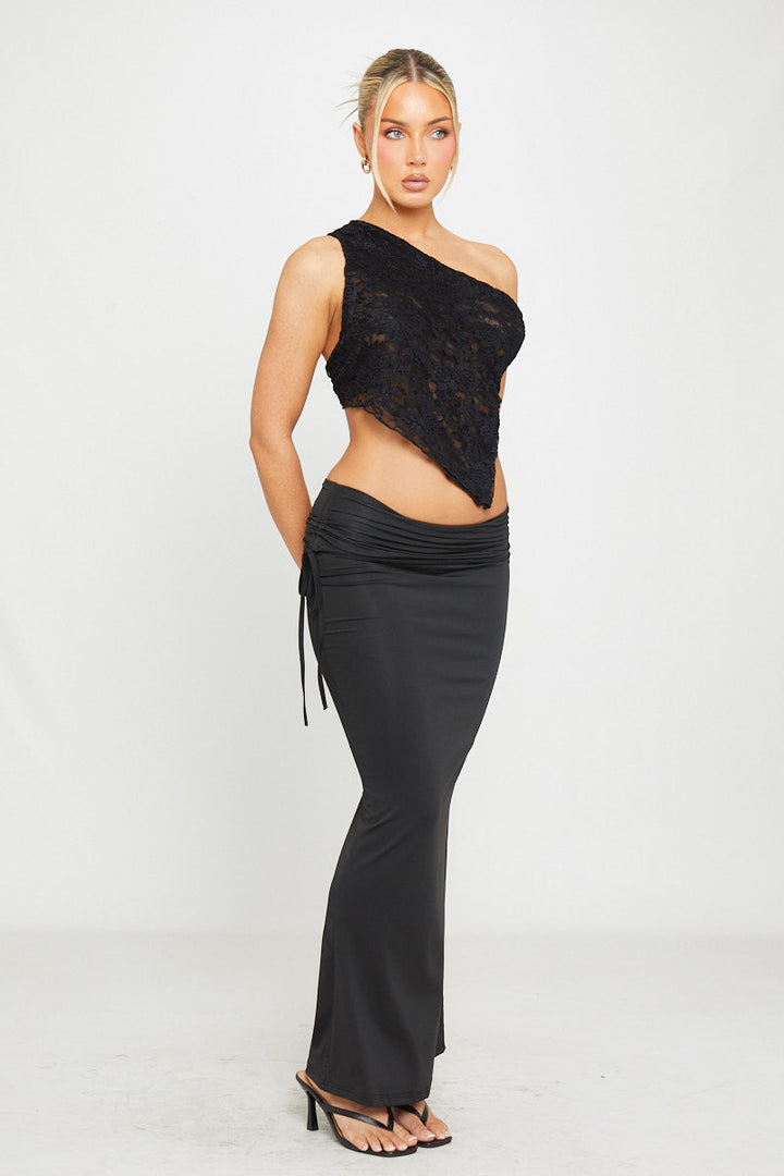 Valantomode | Asymmetric Black Lace One Shoulder Top for Chic Style