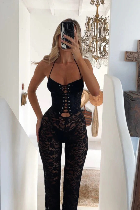 Valantomode | Chic Black Lace Halter Neck Corset Jumpsuit