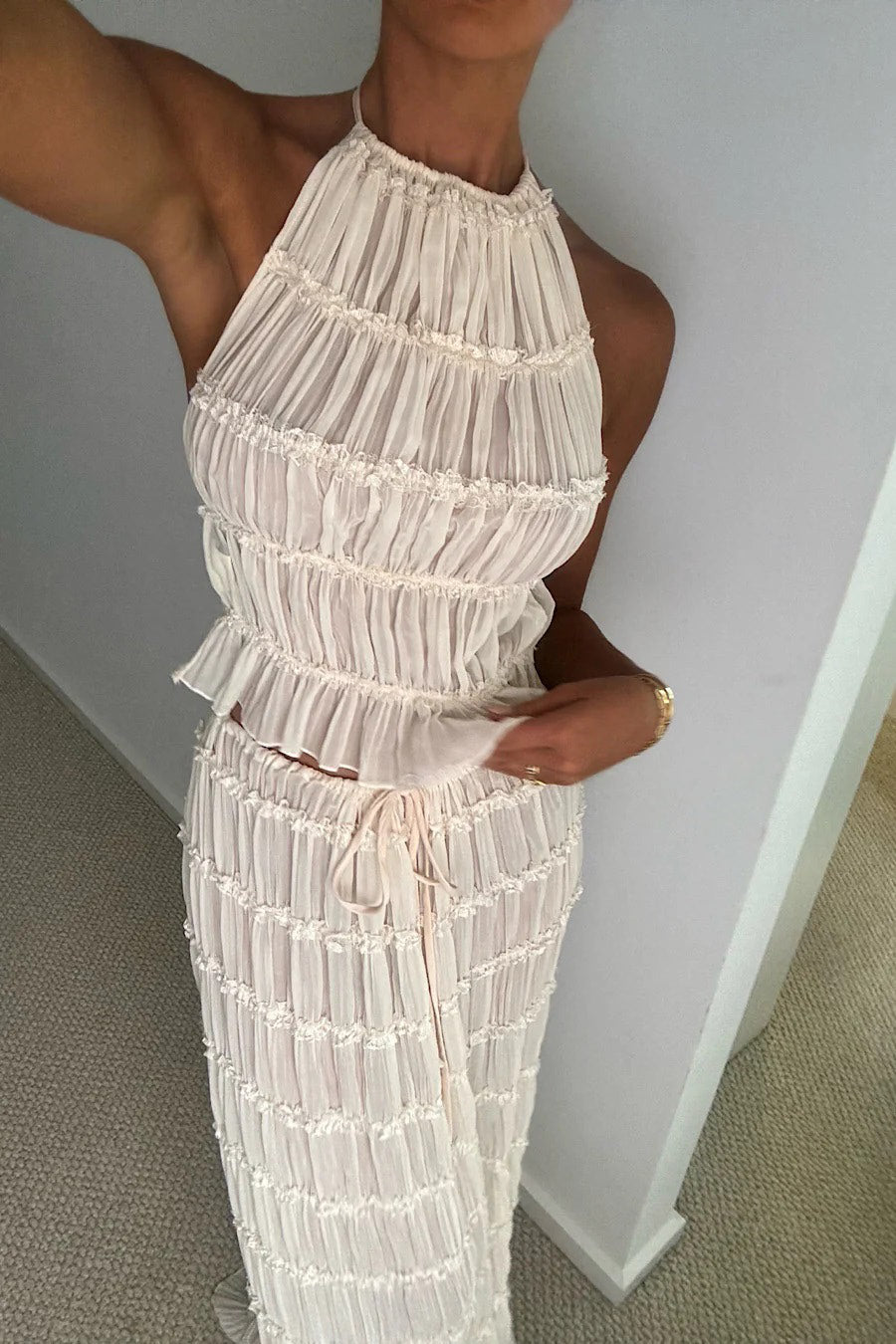 Valantomode | Sheer Cream Halter Top & Maxi Skirt Co-Ord Set
