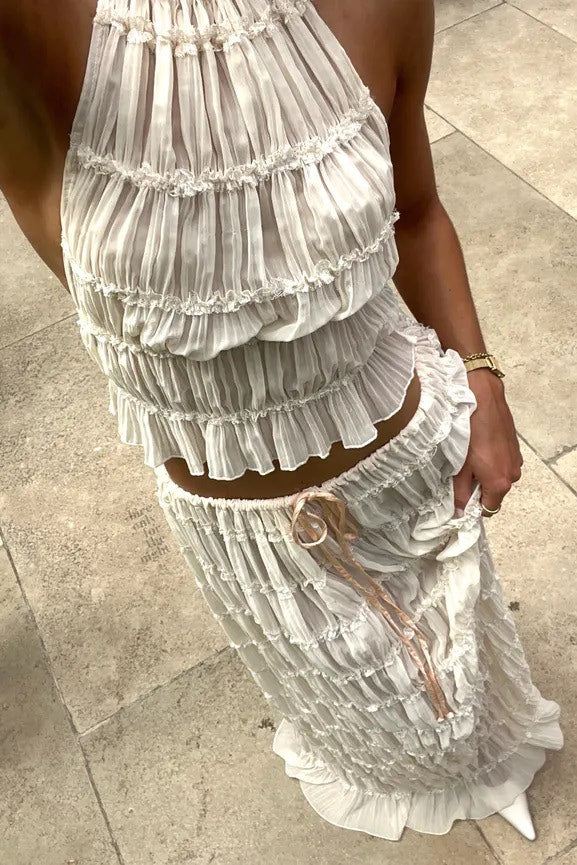 Valantomode | Sheer Cream Halter Top & Maxi Skirt Co-Ord Set