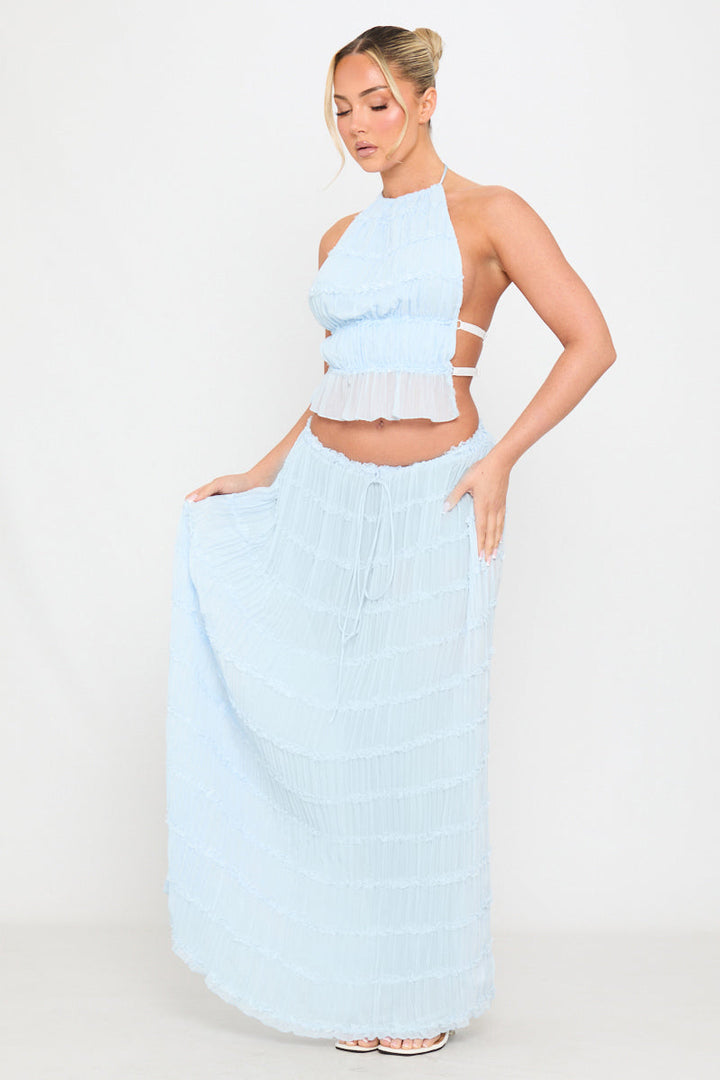 Valantomode | Sheer Light Blue Halter Top & Maxi Skirt Set