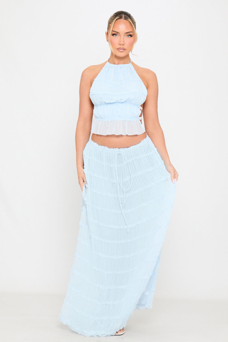 Valantomode | Sheer Light Blue Halter Top & Maxi Skirt Set