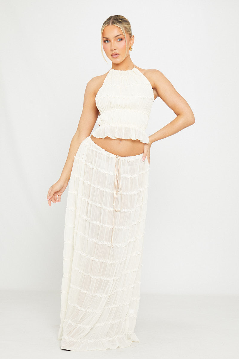 Valantomode | Sheer Cream Halter Top & Maxi Skirt Co-Ord Set