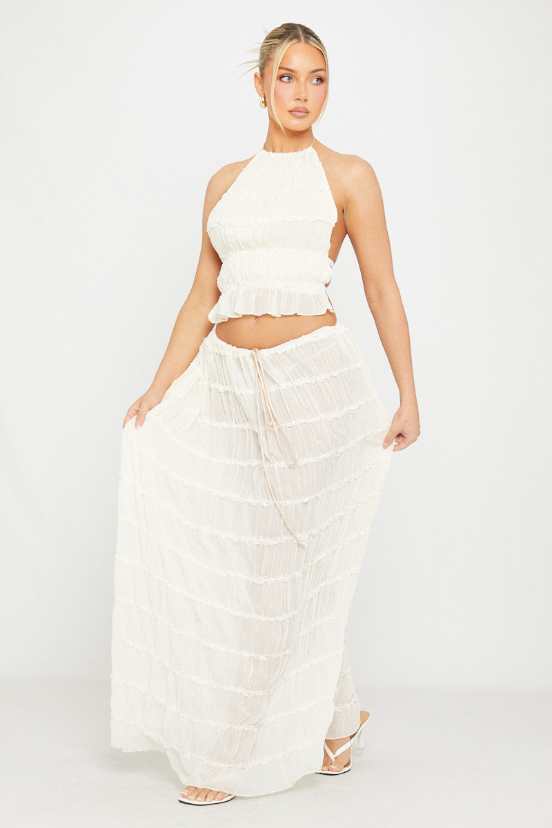 Valantomode | Sheer Cream Halter Top & Maxi Skirt Co-Ord Set