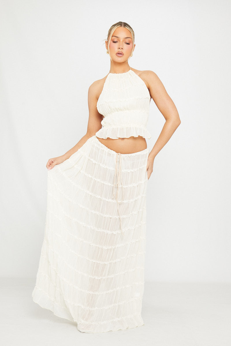 Valantomode | Sheer Cream Halter Top & Maxi Skirt Co-Ord Set