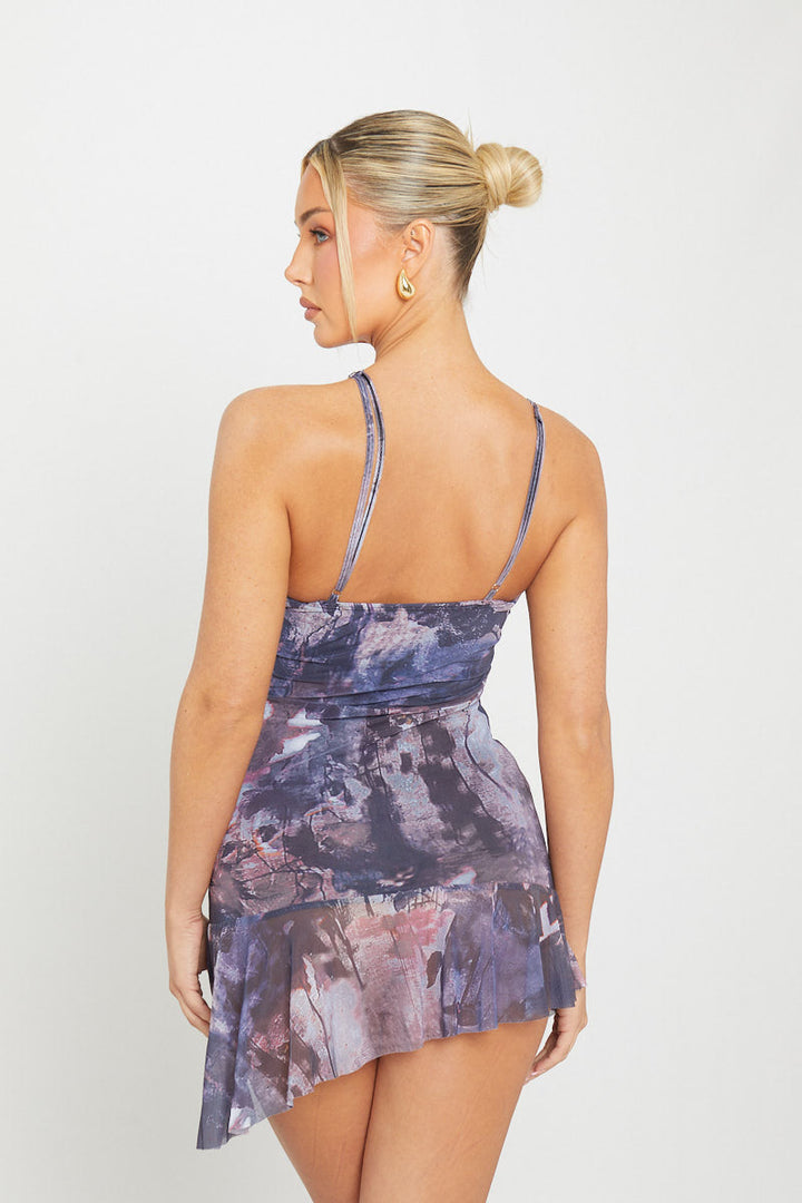 Valantomode | Dusk Mesh Cut-Out Mini Dress with Frill Details