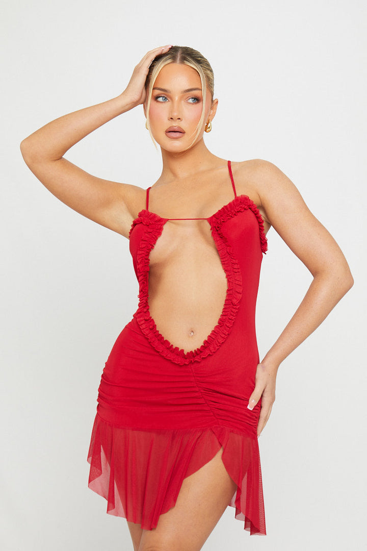 Valantomode | Chic Red Mesh Mini Dress with Cut-Out Frill Details