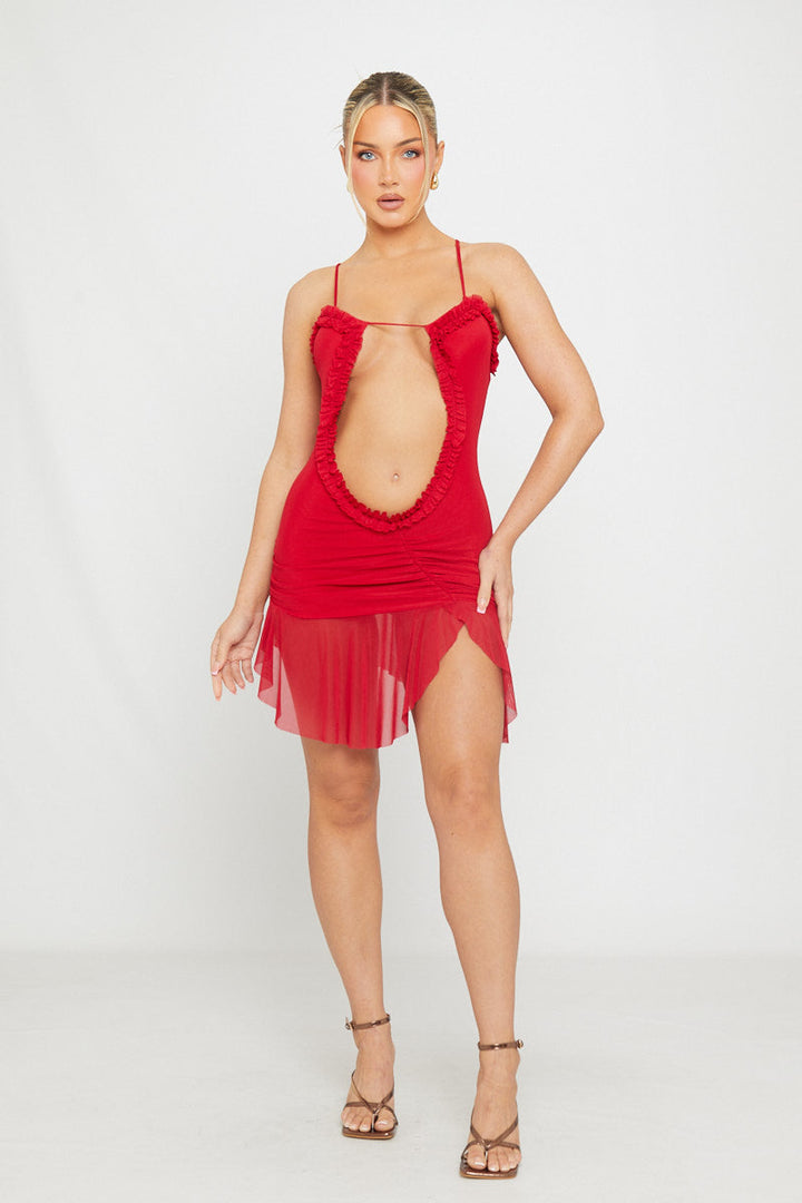 Valantomode | Chic Red Mesh Mini Dress with Cut-Out Frill Details