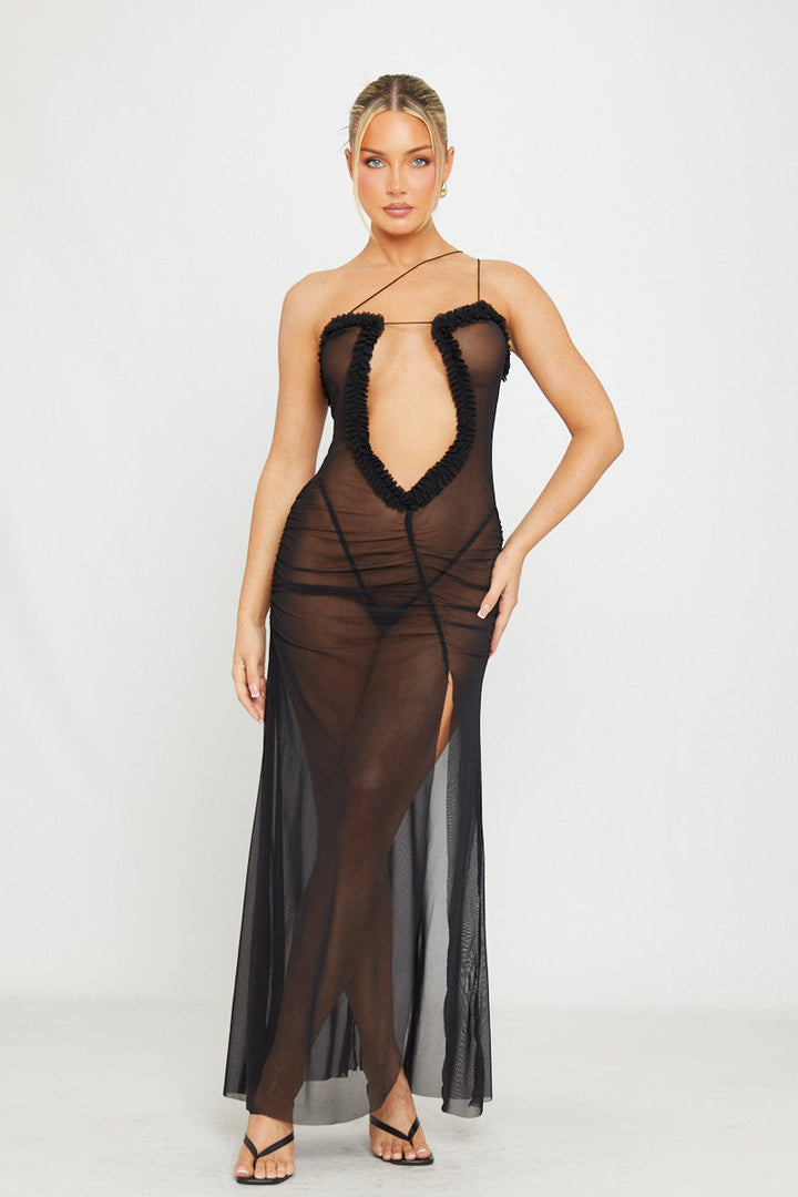 Valantomode | Chic Black Mesh Ruched Maxi Dress with Cut-Out Frills