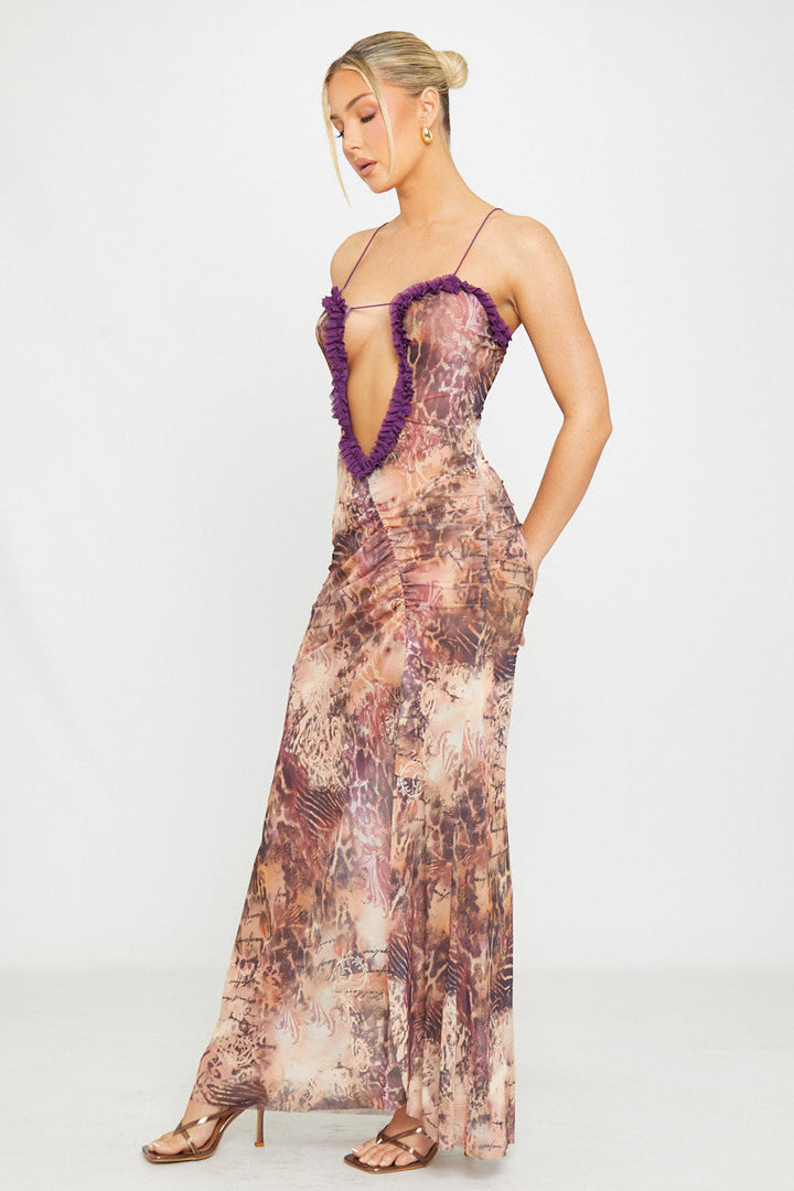 Valantomode | Chic Leopard Print Ruched Maxi Dress with Mesh Cutouts