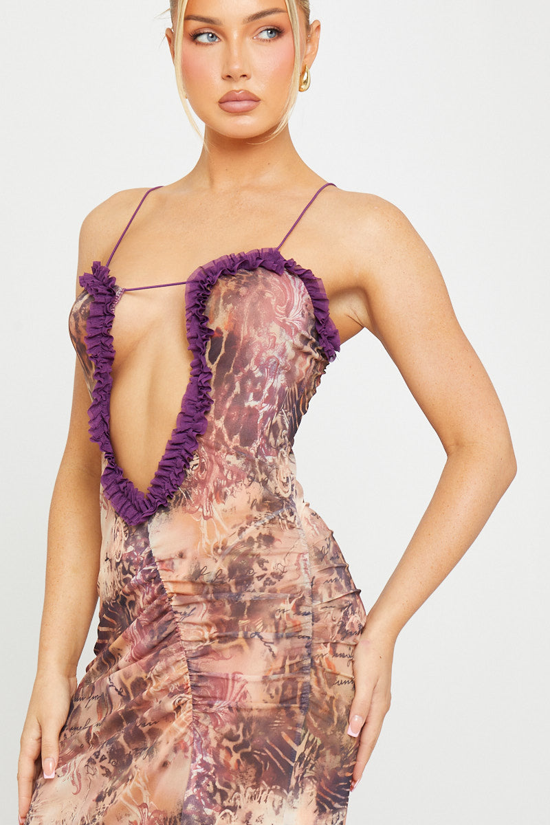 Valantomode | Chic Leopard Print Ruched Maxi Dress with Mesh Cutouts