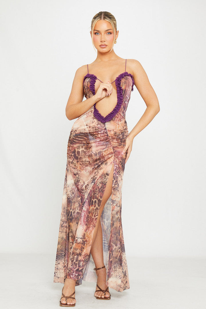 Valantomode | Chic Leopard Print Ruched Maxi Dress with Mesh Cutouts