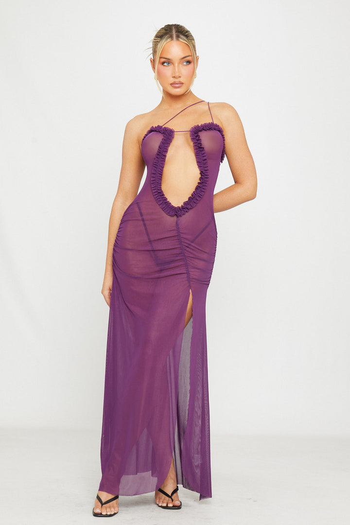 Valantomode | Elegant Purple Ruched Maxi Dress with Mesh Cut-Outs