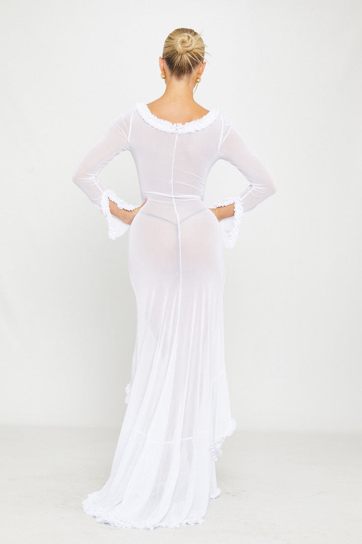 Valantomode | Elegant White Ruffle Cut Out Maxi Dress with Mesh Detail
