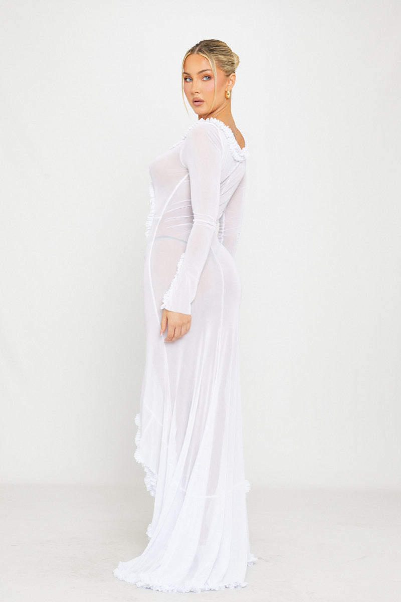 Valantomode | Elegant White Ruffle Cut Out Maxi Dress with Mesh Detail