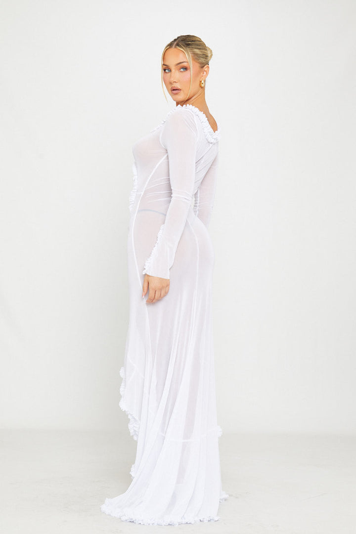 Valantomode | Elegant White Ruffle Cut Out Maxi Dress with Mesh Detail