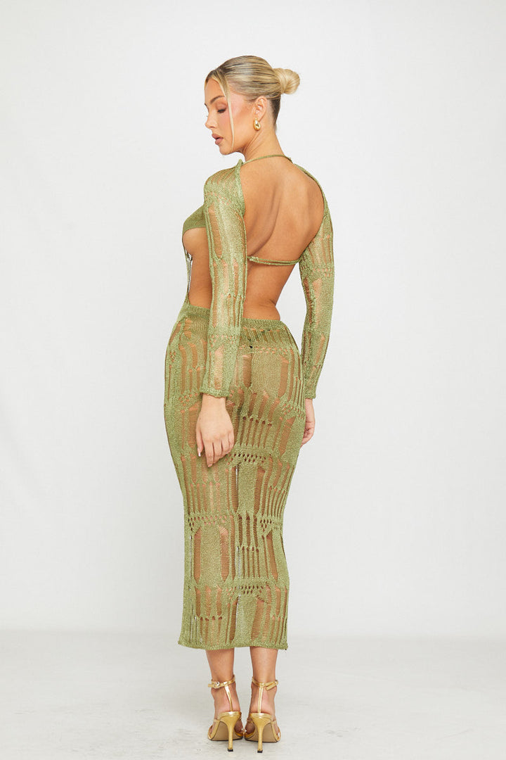 Valantomode | Shredded Open Back Maxi Dress in Moss Green Knit