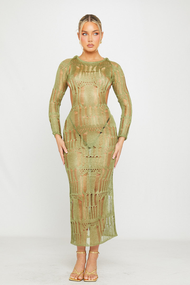 Valantomode | Shredded Open Back Maxi Dress in Moss Green Knit