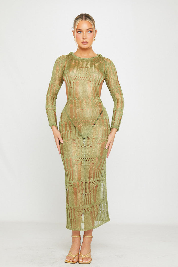Valantomode | Shredded Open Back Maxi Dress in Moss Green Knit