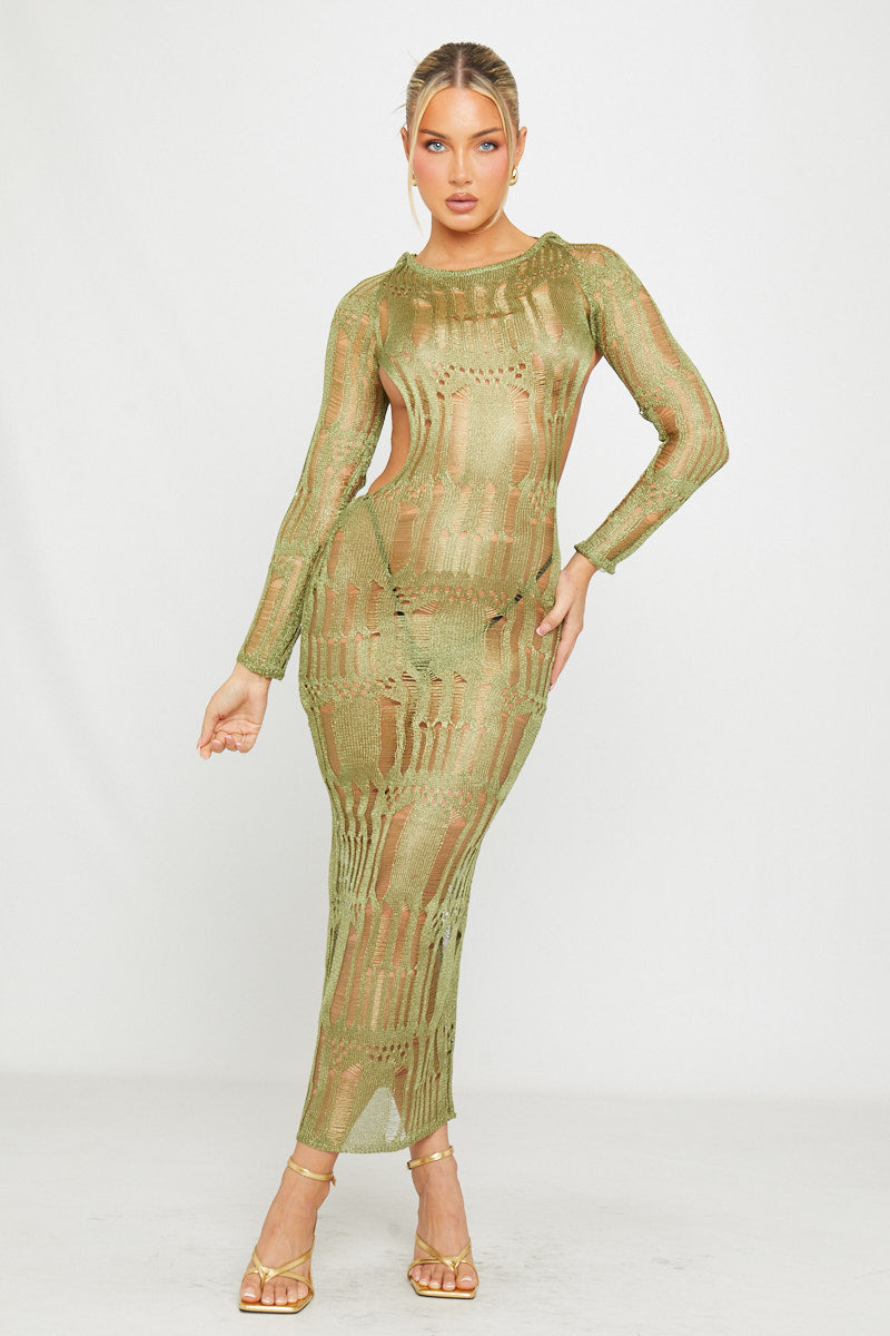 Valantomode | Shredded Open Back Maxi Dress in Moss Green Knit
