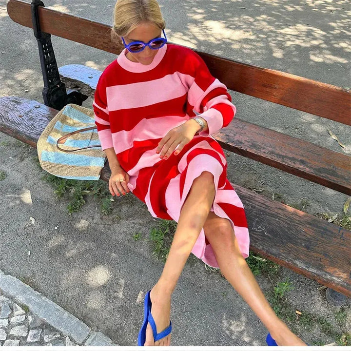 Valantomode | Striped Knit Dress in Red and Pink for Stylish Comfort