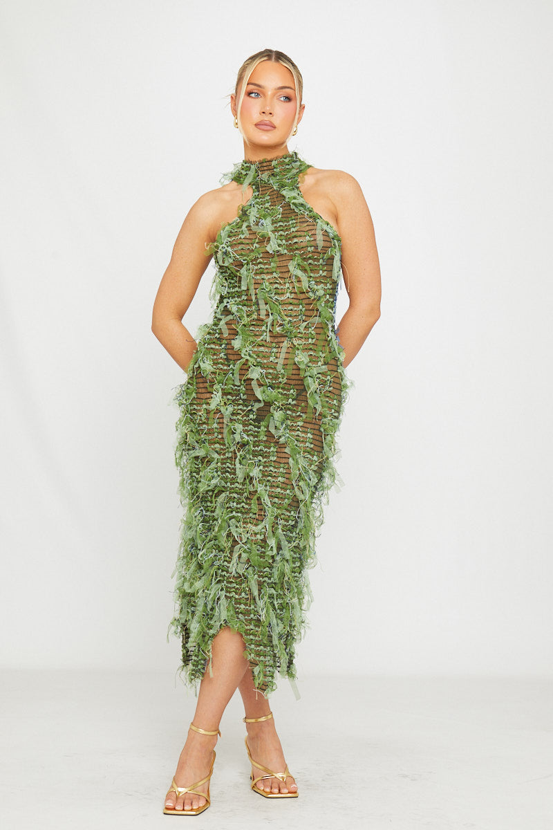 Valantomode | Sheer Shaggy Open Back Midi Dress in Green & Blue