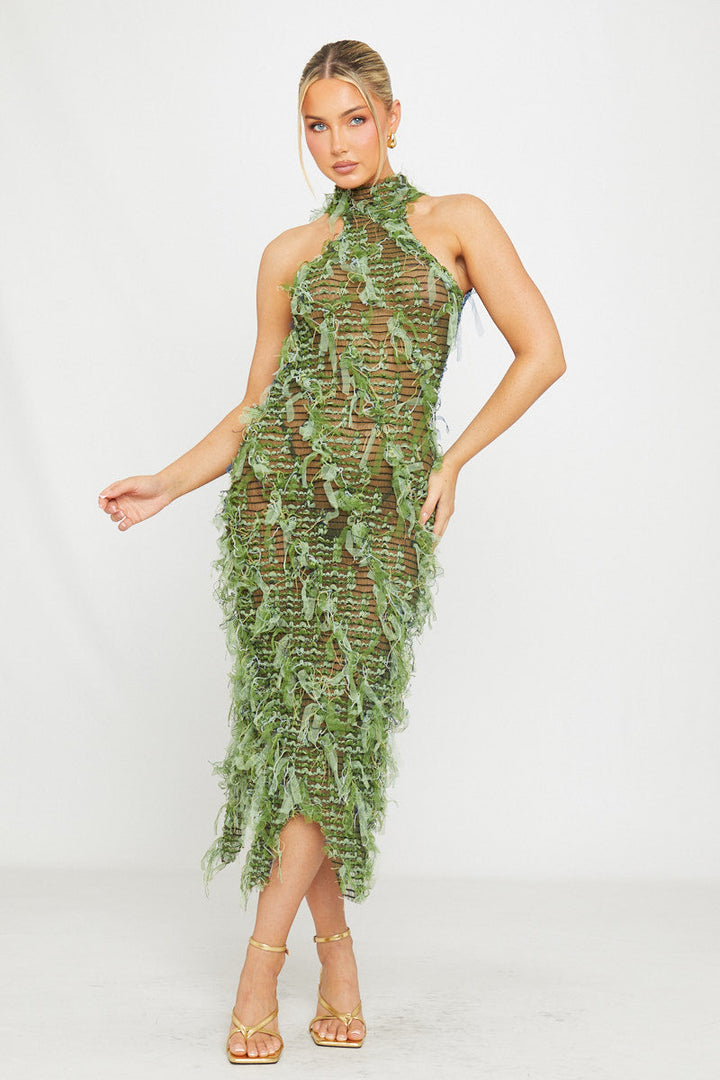 Valantomode | Sheer Shaggy Open Back Midi Dress in Green & Blue