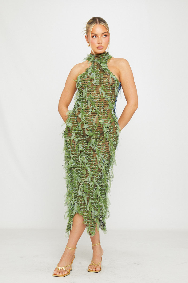 Valantomode | Sheer Shaggy Open Back Midi Dress in Green & Blue