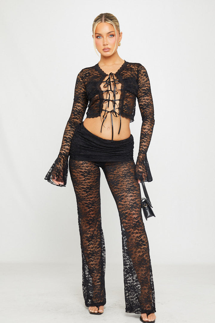 Valantomode | Elegant Black Sheer Lace Tie Top & Ruched Maxi Skirt Set