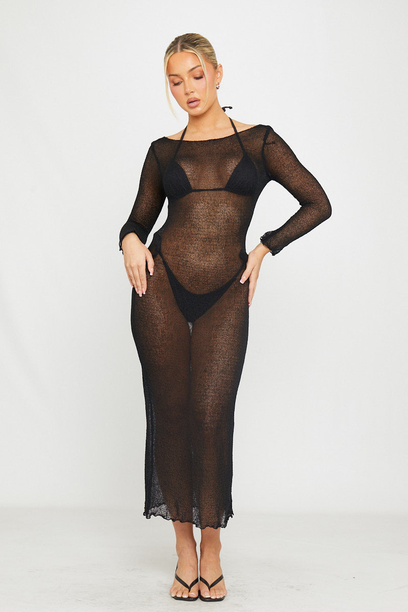 Valantomode | Elegant Black Sheer Knit Open Back Maxi Dress Cover-Up