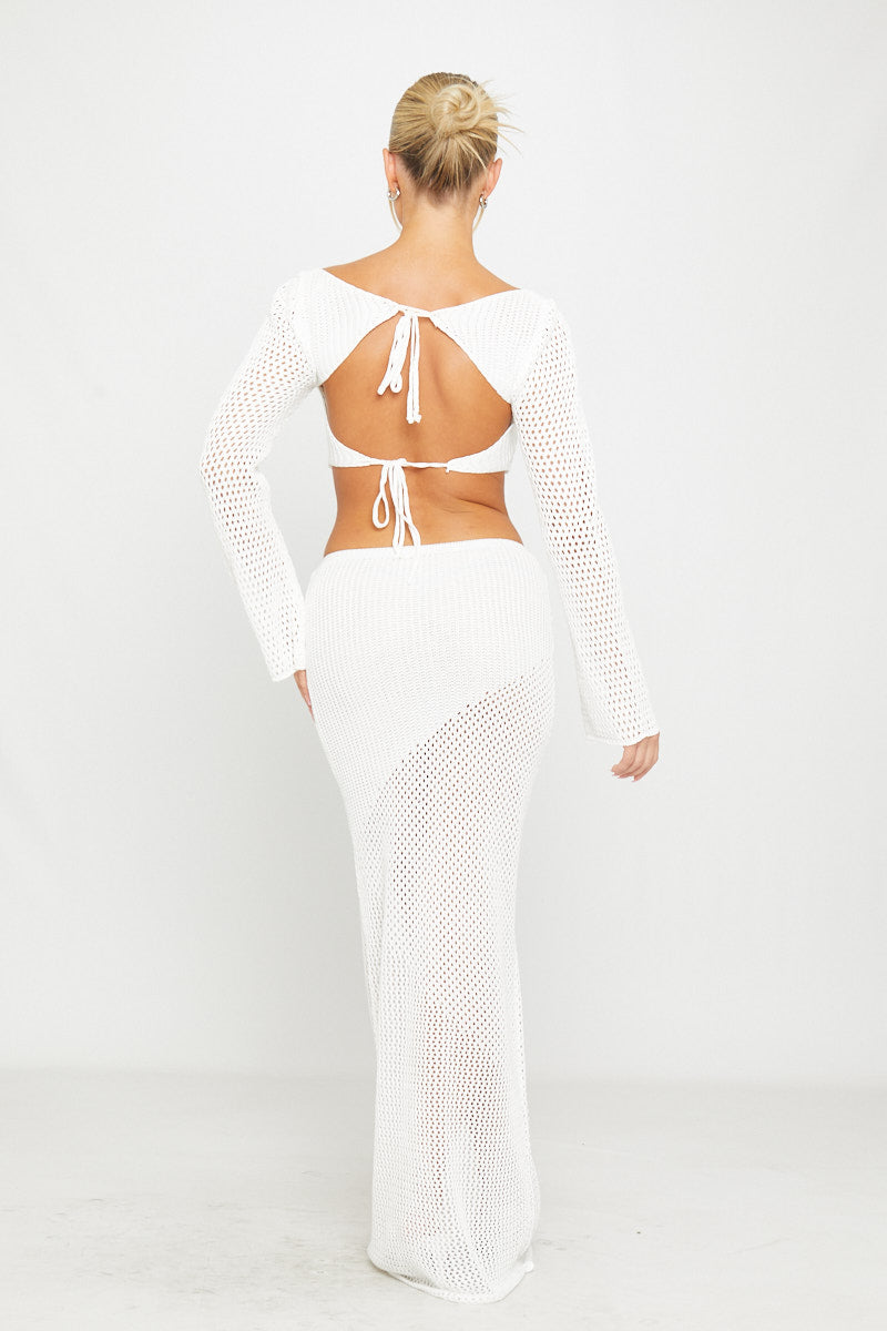 Valantomode | Chic White Crochet Cut-Out Top & Flowing Maxi Skirt Set