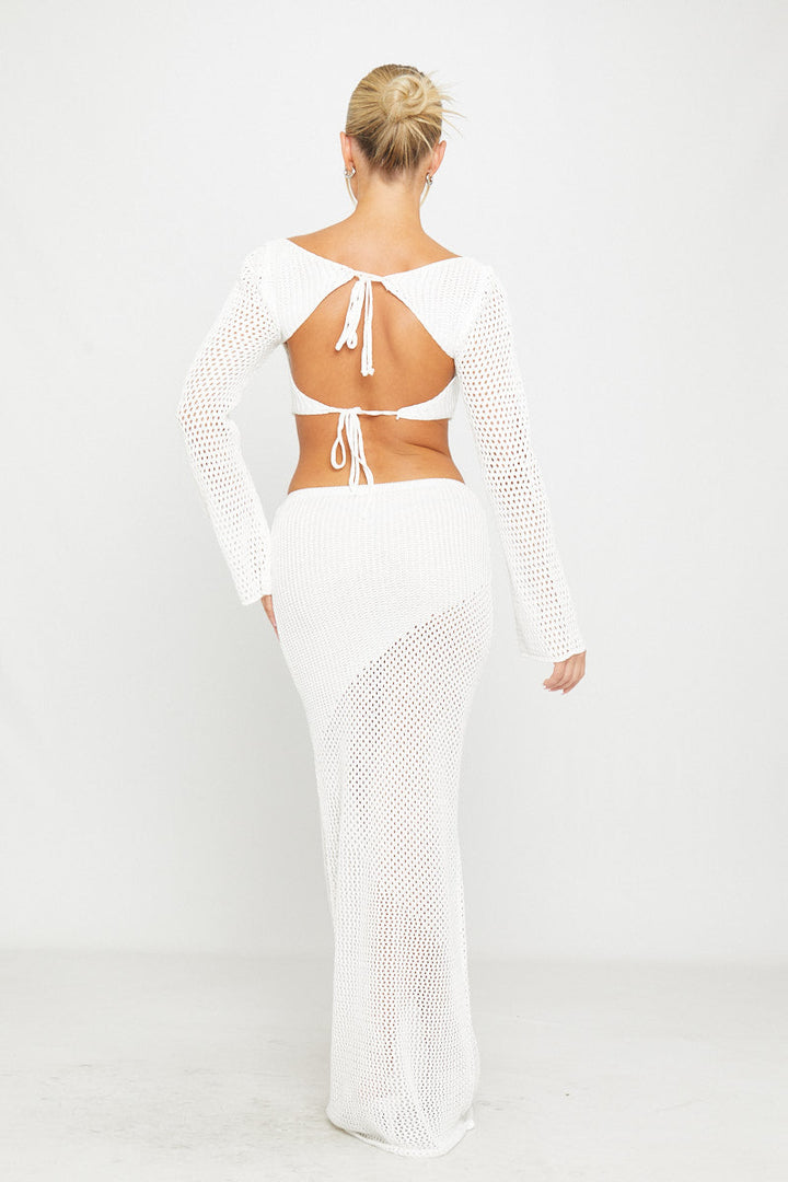 Valantomode | Chic White Crochet Cut-Out Top & Flowing Maxi Skirt Set