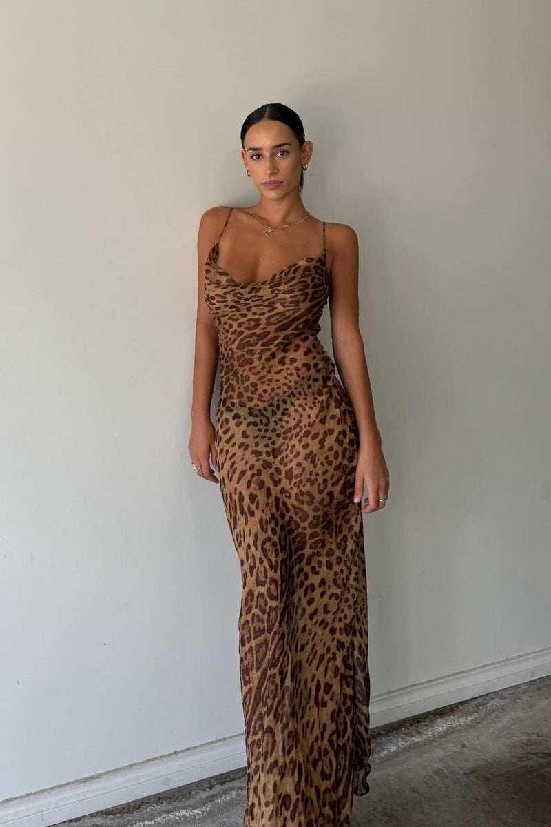 Valantomode | Chic Leopard Print Sheer Cowl Neck Maxi Dress