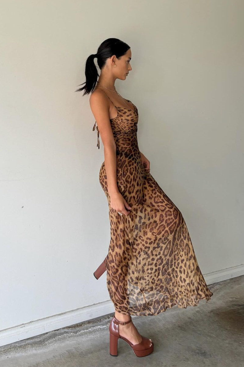 Valantomode | Chic Leopard Print Sheer Cowl Neck Maxi Dress