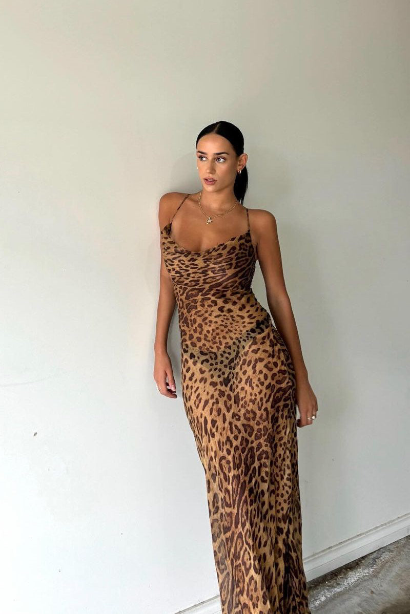 Valantomode | Chic Leopard Print Sheer Cowl Neck Maxi Dress