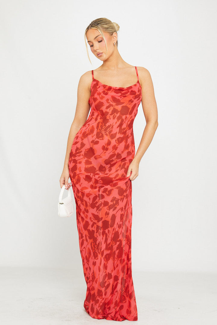 Valantomode | Elegant Red Floral Sheer Cowl Neck Maxi Dress