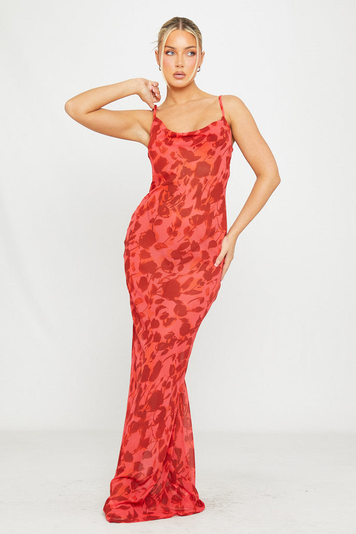 Valantomode | Elegant Red Floral Sheer Cowl Neck Maxi Dress