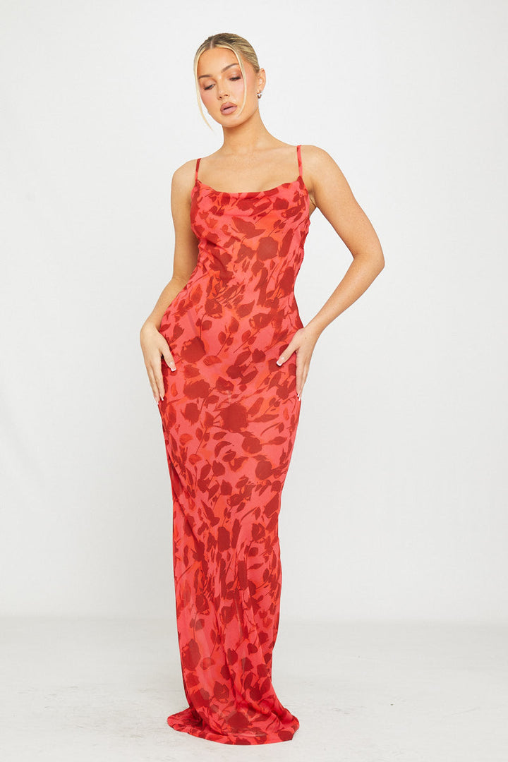 Valantomode | Elegant Red Floral Sheer Cowl Neck Maxi Dress