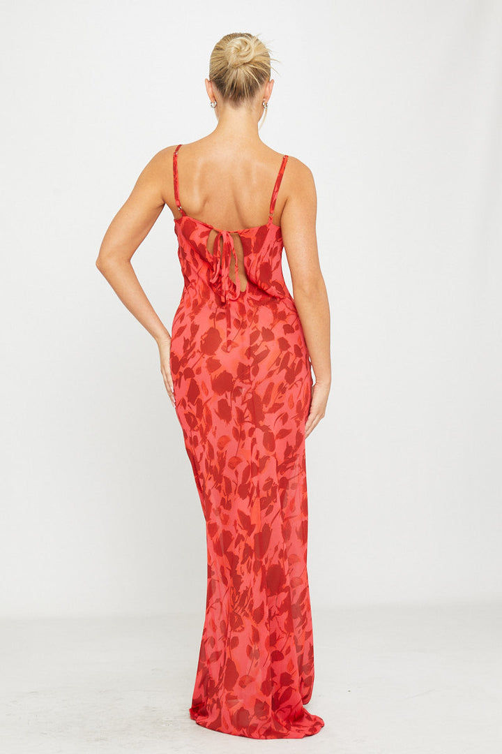 Valantomode | Elegant Red Floral Sheer Cowl Neck Maxi Dress