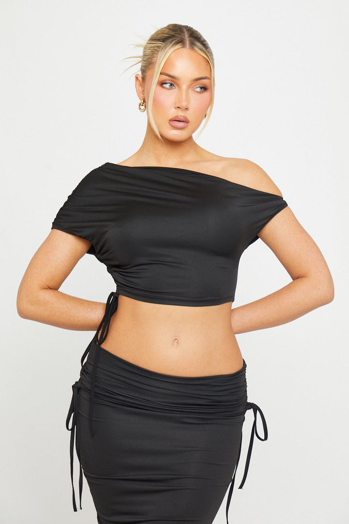 Valantomode | Chic Black One Shoulder Ruched Crop Top & Maxi Skirt Set