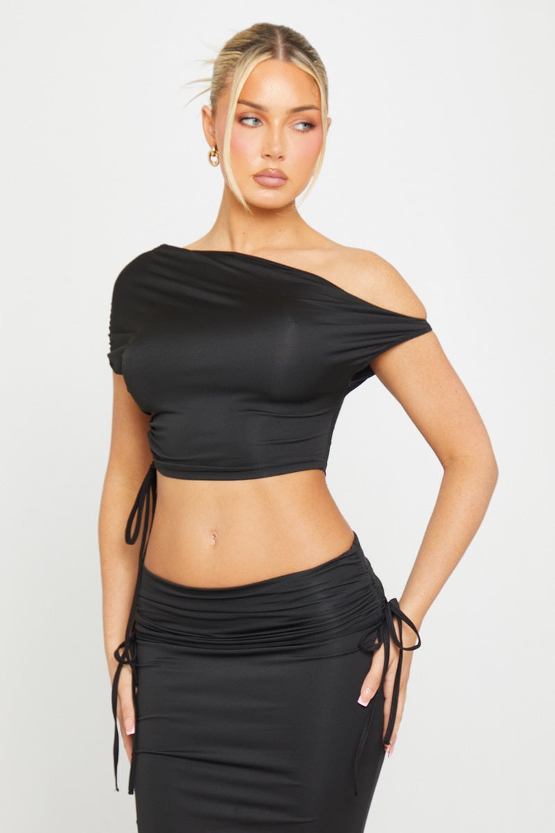 Valantomode | Chic Black One Shoulder Ruched Crop Top & Maxi Skirt Set