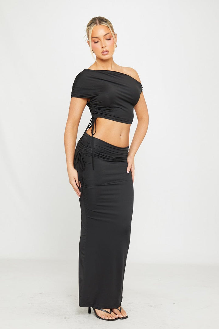 Valantomode | Chic Black One Shoulder Ruched Crop Top & Maxi Skirt Set