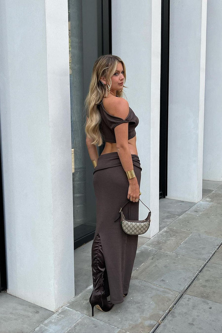 Valantomode | Chic Brown One Shoulder Ruched Crop Top & Maxi Skirt Set