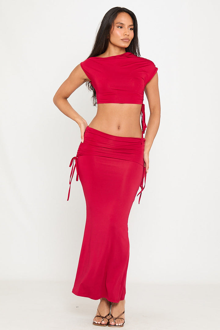 Valantomode | Chic Wine One-Shoulder Ruched Crop & Maxi Skirt Set