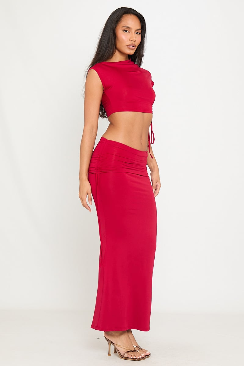Valantomode | Chic Wine One-Shoulder Ruched Crop & Maxi Skirt Set