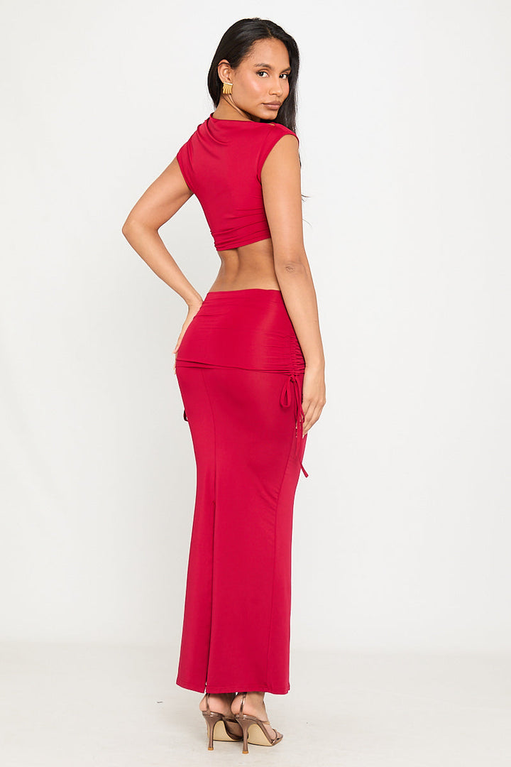 Valantomode | Chic Wine One-Shoulder Ruched Crop & Maxi Skirt Set
